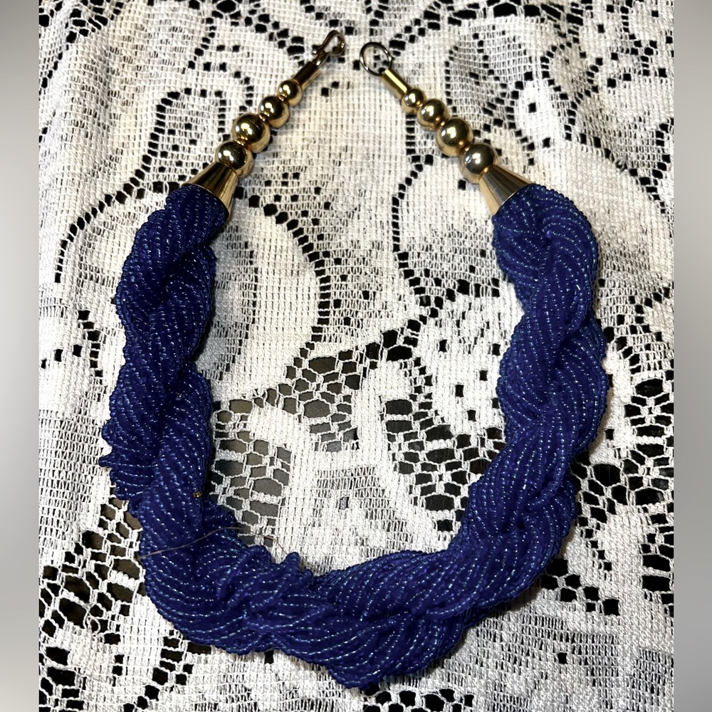 Vintage 1970’s thick Blue Seed Bead 16” Choker Necklace Boho